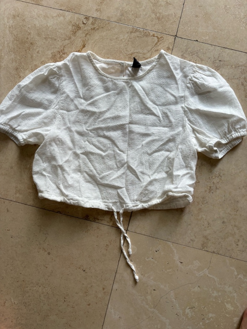 Velvet White Cropped Puff Sleeve Top with Drawstring